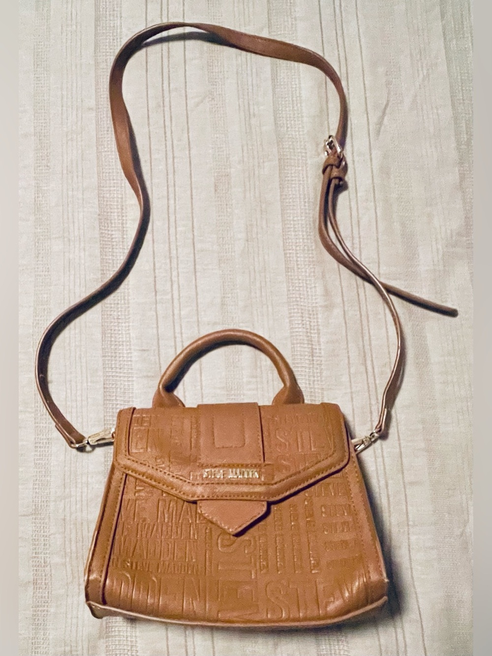 Steve Madden Baubriel Embossed Tan Crossbody Bag Satchel Top Handle Faux Leather